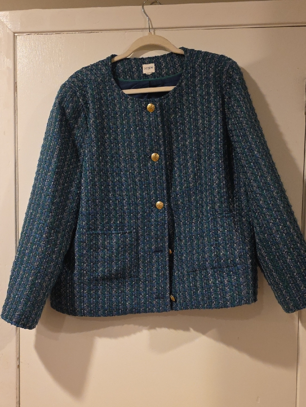 J. Crew Teal Multicolor Tweed Gold-Button Jacket
